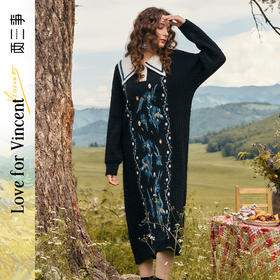 两三事梵高文艺虚无星轨2024秋新款文艺风polo领花色毛衣裙连衣裙