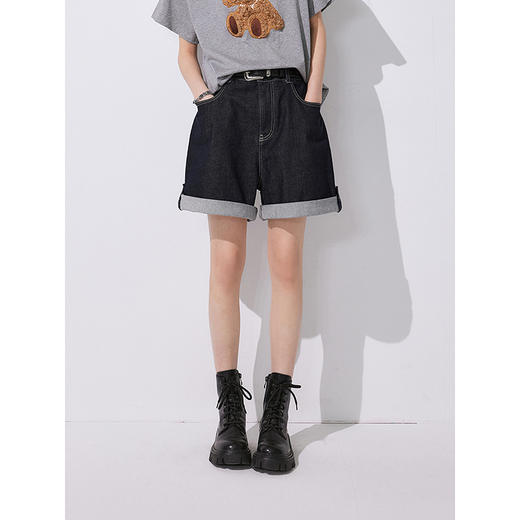 棉仓353624005-复古高腰牛仔短裤两穿可卷边带袢设计感百慕大短裤显瘦A字裤 商品图2