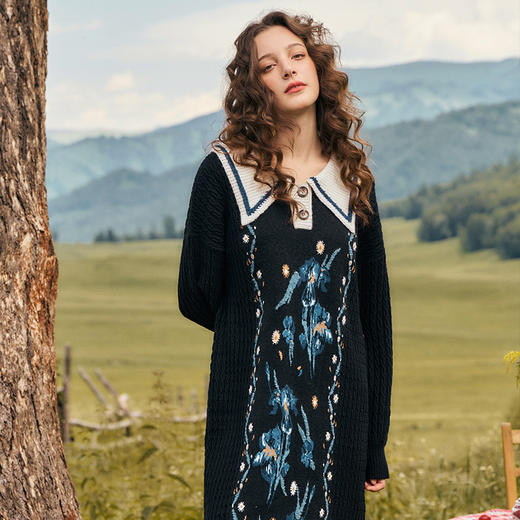 两三事梵高文艺虚无星轨2024秋新款文艺风polo领花色毛衣裙连衣裙 商品图3