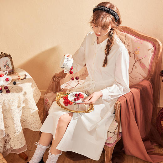 两三事 梦同游 2024秋季新款简约绣花翻领绑带衬衫裙连衣裙 商品图3