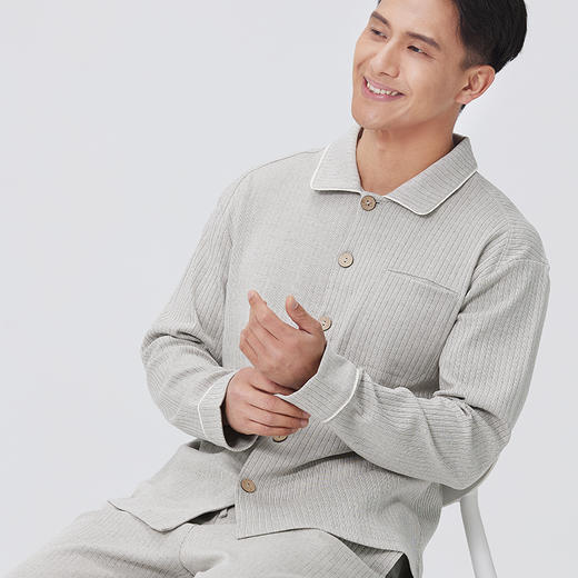 素道有机彩棉 纯棉男士灰色长袖家居服 纽扣翻领100%棉睡衣 商品图3