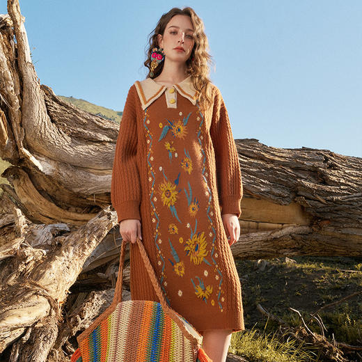 两三事梵高文艺虚无星轨2024秋新款文艺风polo领花色毛衣裙连衣裙 商品图1