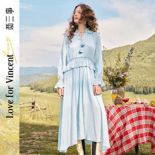 两三事梵高文艺昨日青空2024秋季新款法式荷叶边绑带领连衣裙长裙 商品图0
