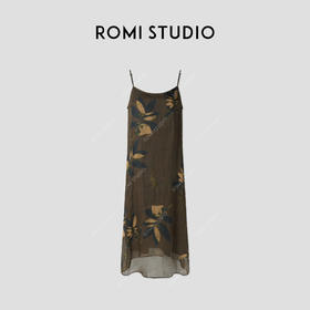 ROMI STUDIO“古雅气息”100%苎麻枝叶印花宽松吊带连衣裙 421L3085