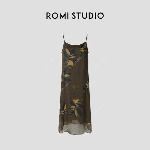 ROMI STUDIO“古雅气息”100%苎麻枝叶印花宽松吊带连衣裙 421L3085 商品图0