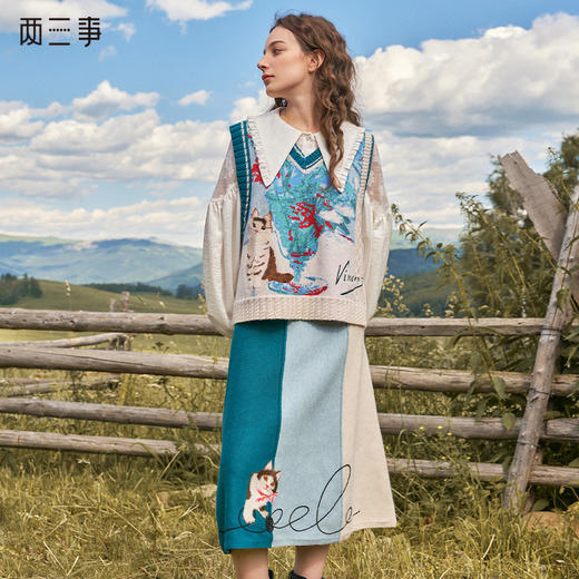 两三事梵高文艺毛线乐园2024秋季新款小猫刺绣拼色针织高腰半身裙 商品图0