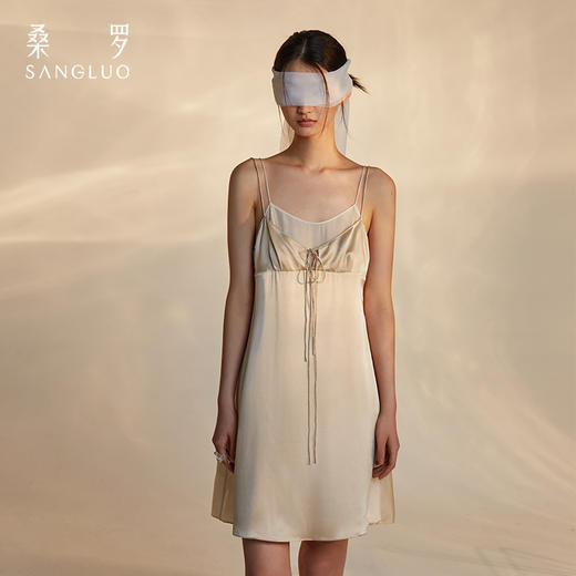 桑罗真丝假两件系带吊带裙撞色雪纺睡裙简约高级睡衣女2024年新款 商品图1