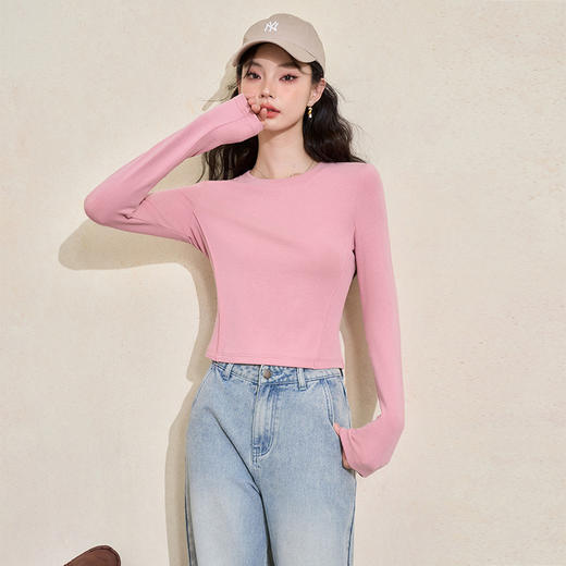 西遇长袖短款T恤女新款修身针织打底衫内搭外穿上衣D3442168 商品图3
