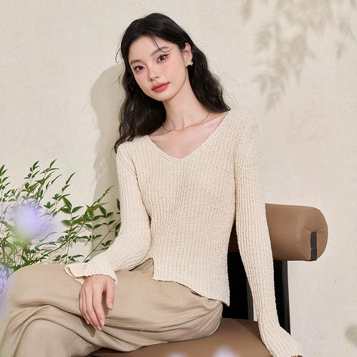 气质优雅长袖针织衫女早春深V开叉修身轻薄软糯毛衣上衣V3442249 商品图0