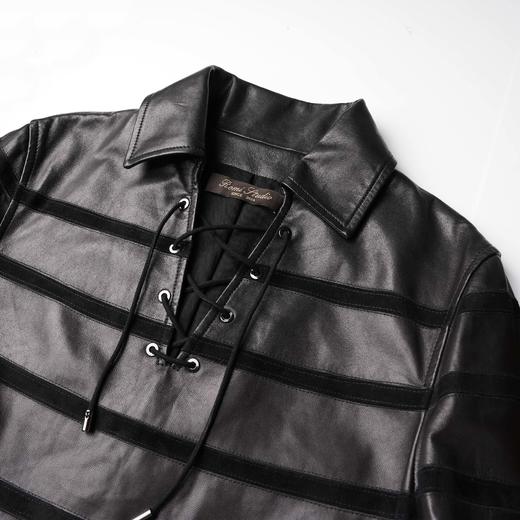 ROMI STUDIO“松弛有度”哑光羊皮拼反绒抽绳半开翻领皮衣 421P7041 商品图4