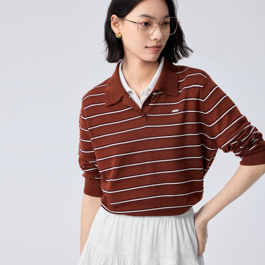 【严选】伊芙丽羊毛混纺POLO领条纹套头针织衫女2024秋装新款上衣1F7931521 商品图0