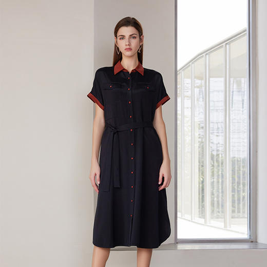 【衬衫款桑蚕丝连衣裙】24年夏季新品女士系带收腰显瘦中长款裙子 商品图0