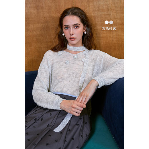 HeyDress立体花刺绣针织衫女秋季法式V领宽松慵懒感玫瑰飘带毛衣 商品图0