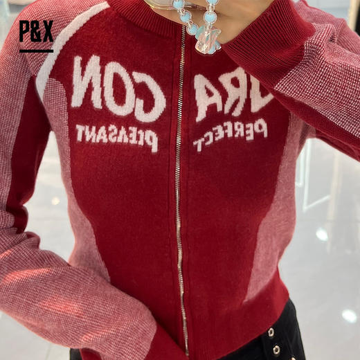 P&X设计师女装春秋款立领百搭时尚毛织短款外套 824131808 红色 商品图3