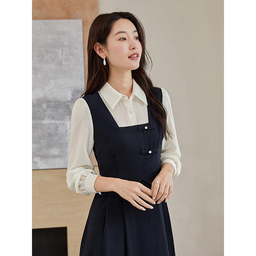 【129选3件，不退换】熙世界时尚假两件新中式盘扣气质长袖衬衫领连衣裙2025秋季新款 商品图1