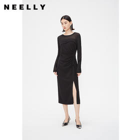 NEELLY纳俪商场同款秋季黑色抽褶显瘦连衣裙女修身开叉长袖中长裙N24074Y04550
