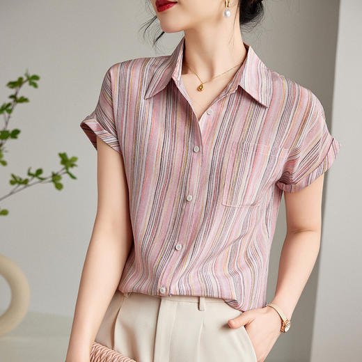KQ-12708夏季翻领竖条纹短袖衬衫女双绉真丝宽松薄款衬衣大码女装上衣 商品图1