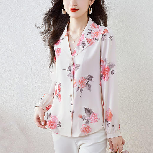 雀说法式印花衬衫新款时尚洋气西装领特别设计感减龄上衣AL7779 商品图2