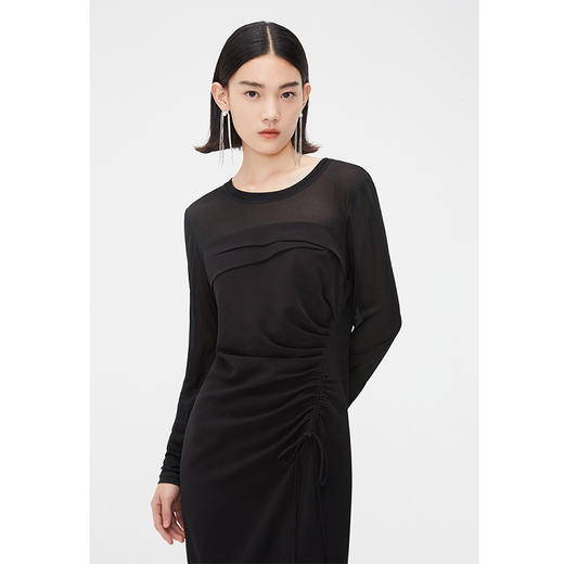 NEELLY纳俪商场同款秋季黑色抽褶显瘦连衣裙女修身开叉长袖中长裙N24074Y04550 商品图1
