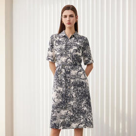 【水墨印花真丝连衣裙】24年春夏新品女士100%桑蚕丝系带收腰衬衫款裙子