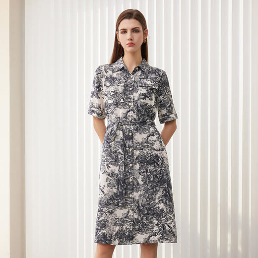 【水墨印花真丝连衣裙】24年春夏新品女士100%桑蚕丝系带收腰衬衫款裙子 商品图0