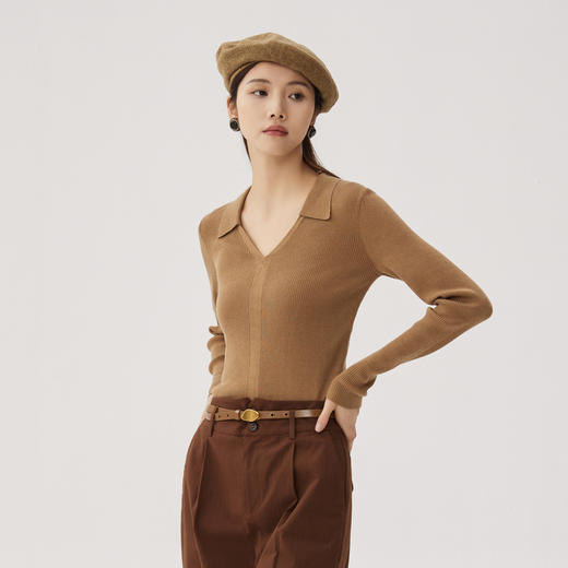 谜底套头针织衫长袖女士2024秋季新品极简风V领修身毛衣243MZ1275 商品图1