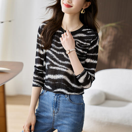 雀说波浪纹T恤新款时尚洋气圆领宽松斑马纹显瘦百搭上衣AL26 商品图1