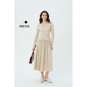 HeyDress法式针织连衣裙女秋季交叉收腰设计显瘦气质别致百褶裙子