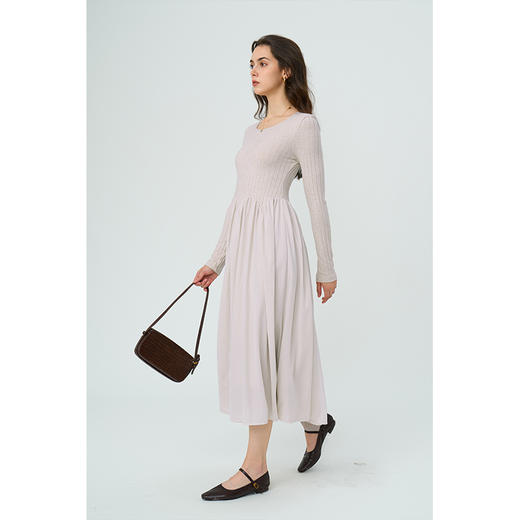 HeyDress针织拼接连衣裙女秋季法式圆领坑条显瘦小黑裙气质裙子 商品图3