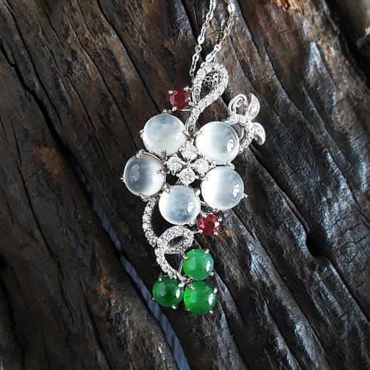 【天然正品】AU750收藏级白金镶钻镶8颗天然冰种蛋面翡翠花形吊坠项链030824XY08 商品图2