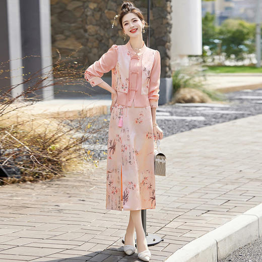 新中式国风套装裙，轻奢气质改良旗袍印花盘扣两件套HR-YWY8931 商品图0