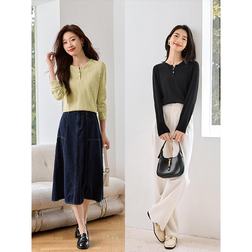 【专属特价】熙世界爱心纽扣肌理针织T恤长袖2025新款宽松圆领减龄打底上衣 商品图3