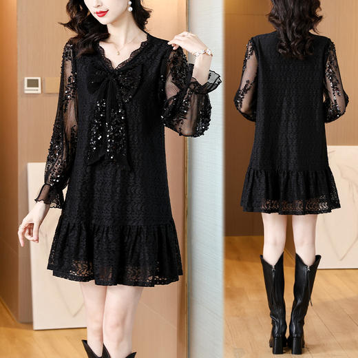 雀说黑色蕾丝连衣裙新款时尚洋气V领珠片绣蝴蝶结小个子裙AL5920 商品图3