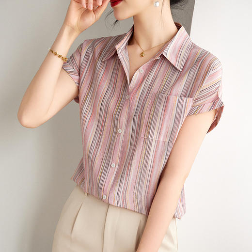 KQ-12708夏季翻领竖条纹短袖衬衫女双绉真丝宽松薄款衬衣大码女装上衣 商品图2