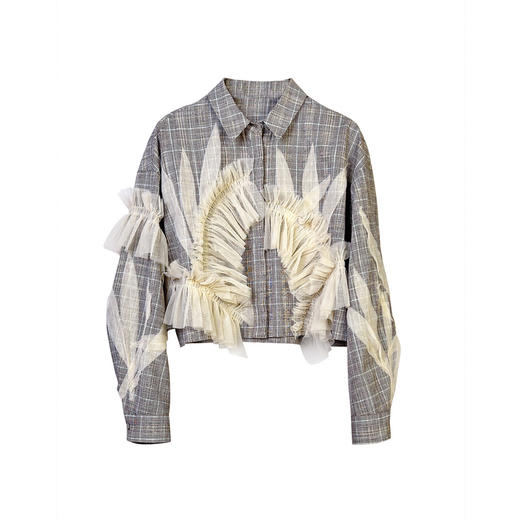 谜底短款拼接网纱衬衫长袖女2024秋新品特色造型感衬衣243GC1171 商品图4