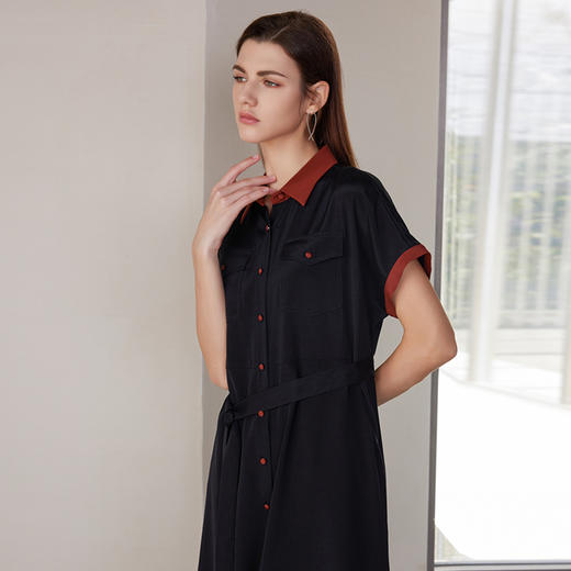 【衬衫款桑蚕丝连衣裙】24年夏季新品女士系带收腰显瘦中长款裙子 商品图2