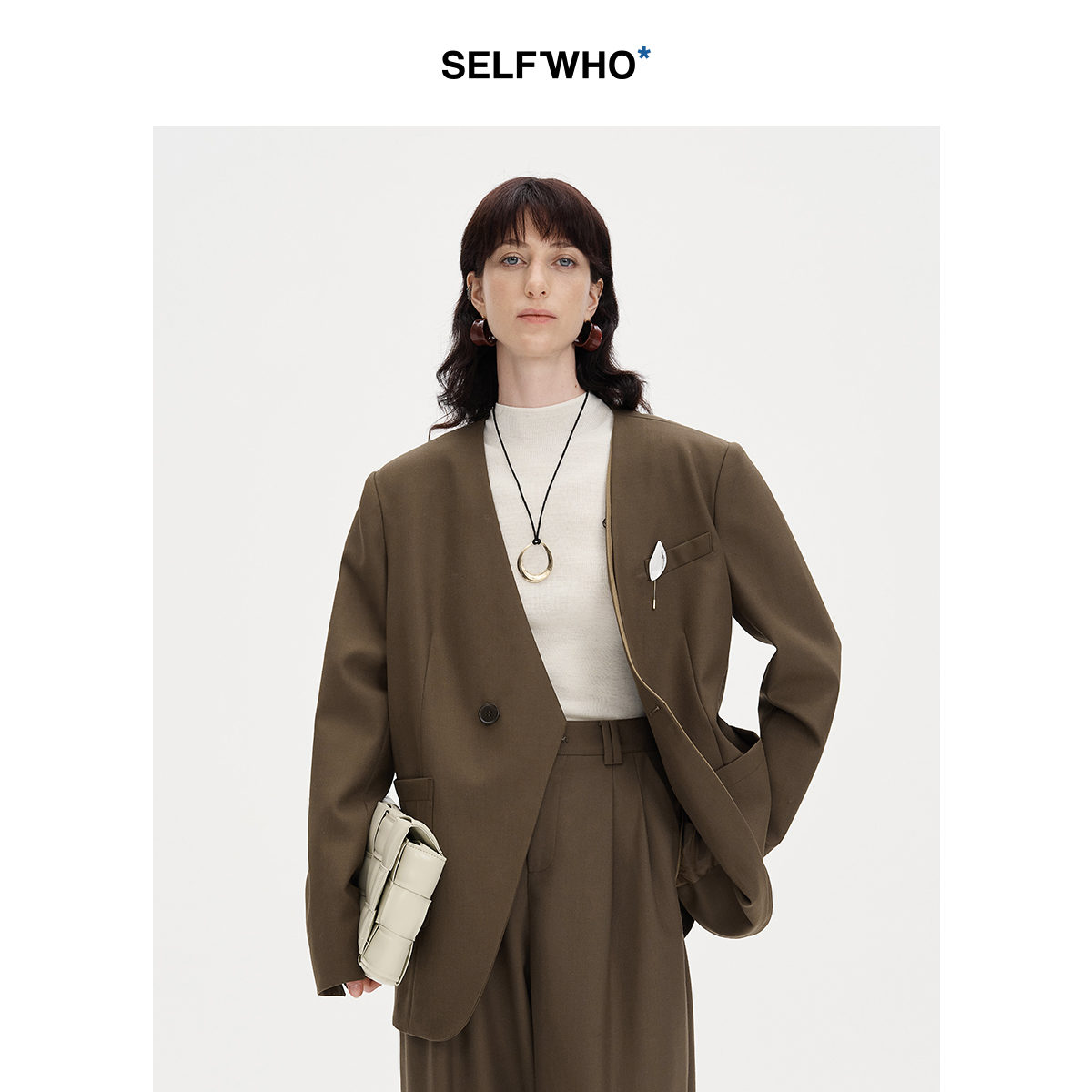 SELFWHO羊毛混纺棕色假两件西装外套女秋季2024新款宽松通勤西服