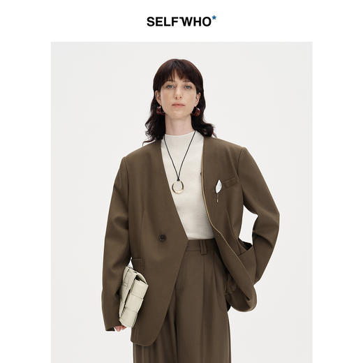 SELFWHO羊毛混纺棕色假两件西装外套女秋季2024新款宽松通勤西服 商品图0