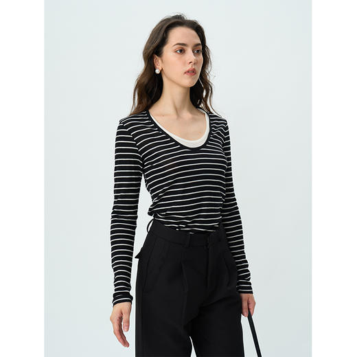 Heydress天丝条纹T恤女春秋假两件休闲修身长袖松弛感百搭上衣 商品图1