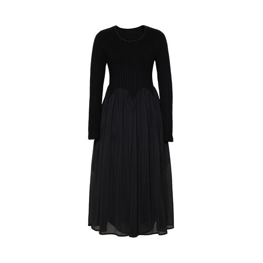 HeyDress针织拼接连衣裙女秋季法式圆领坑条显瘦小黑裙气质裙子 商品图4