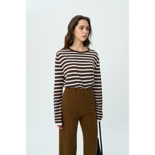 HeyDress绵羊毛条纹针织衫女秋季复古圆领慵懒感罩衫宽松长袖上衣 商品图3