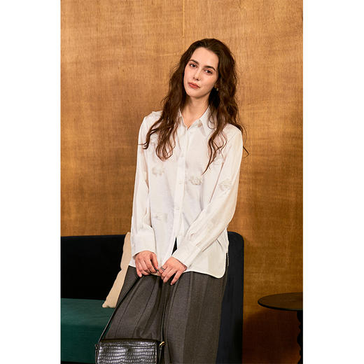 HeyDress立体绣花衬衫女白色缎面设计感通勤优雅气质宽松百搭上衣 商品图0