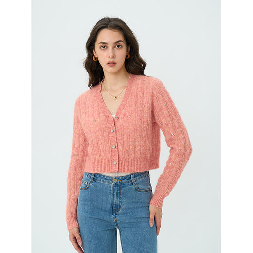 HeyDress马海毛钉钻针织开衫女秋冬法式v领宽松慵懒温柔气质上衣 商品图0