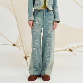 谜底牛仔阔腿裤女2024秋季新品复古风拼接水洗破洞长裤243MK1059