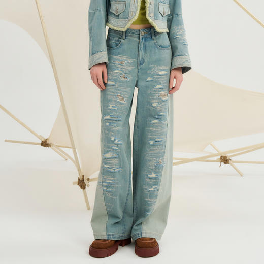 谜底牛仔阔腿裤女2024秋季新品复古风拼接水洗破洞长裤243MK1059 商品图0