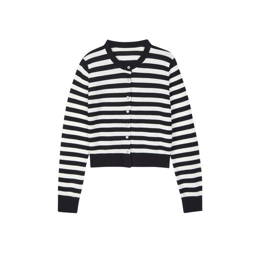 NEELLY纳俪商场同款秋季新款羊毛混纺黑白条纹显瘦针织开衫上衣女N24081A01066 商品图3