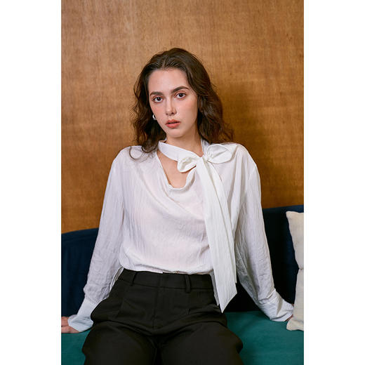 Heydress白色飘带衬衫女春秋法式宽松休闲松弛感荡领立体简约上衣 商品图0