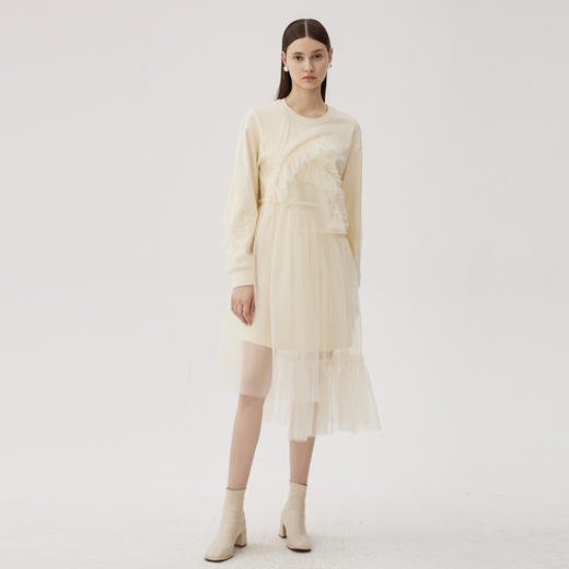 谜底拼接式卫衣裙长袖2024秋季新品简约浪漫圆领中长裙243ML1203 商品图0