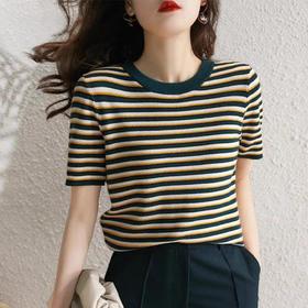 【59元清仓】条纹T 宽松版薄款夏季冰丝圆领条纹T恤短袖亲肤 棉条纹T