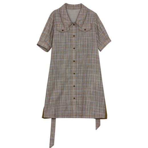 谜底格纹连衣裙短袖女2024秋新品复古猎装感短裙配腰带243ML1163 商品图4